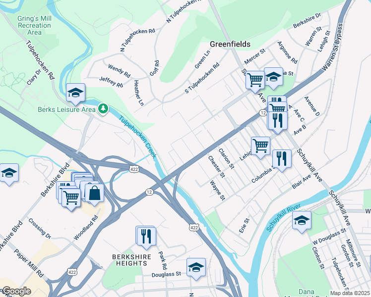 map of restaurants, bars, coffee shops, grocery stores, and more near 1430 Wayne Street in Reading