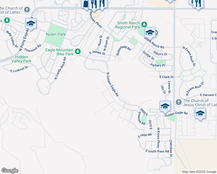 map of restaurants, bars, coffee shops, grocery stores, and more near 7390 North Pawnee Court in Eagle Mountain