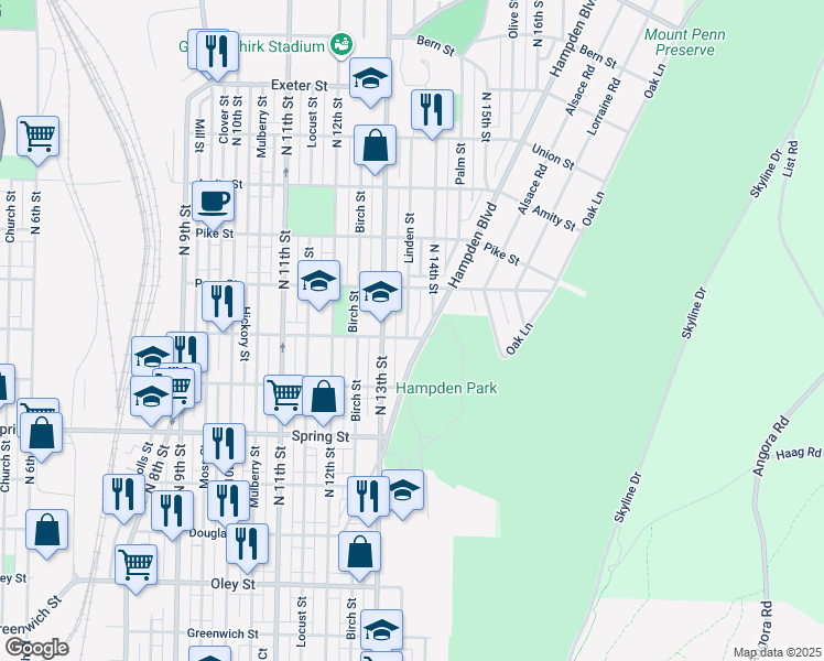 map of restaurants, bars, coffee shops, grocery stores, and more near 1329 Marion Street in Reading