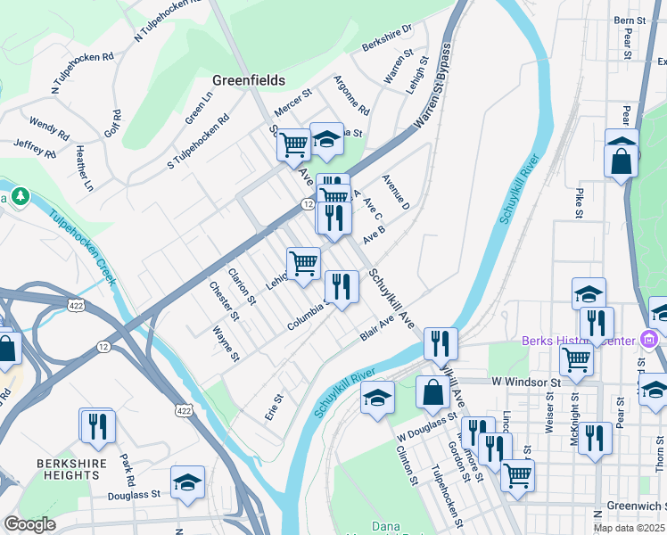 map of restaurants, bars, coffee shops, grocery stores, and more near 1206 Luzerne Street in Reading