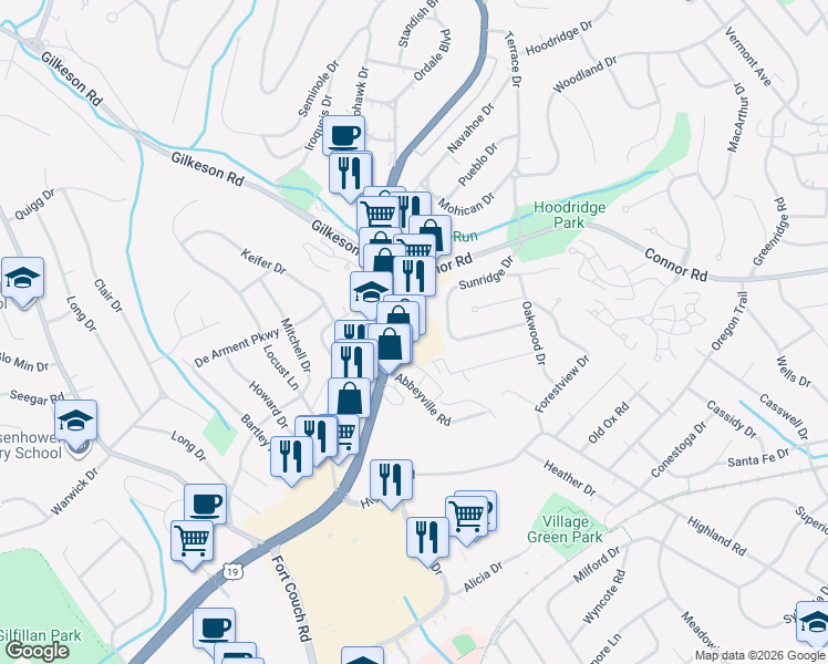 map of restaurants, bars, coffee shops, grocery stores, and more near 1601 U.S. 19 in Mount Lebanon