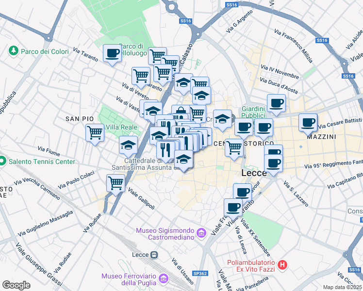 map of restaurants, bars, coffee shops, grocery stores, and more near Vicolo Cavallerizza in Lecce