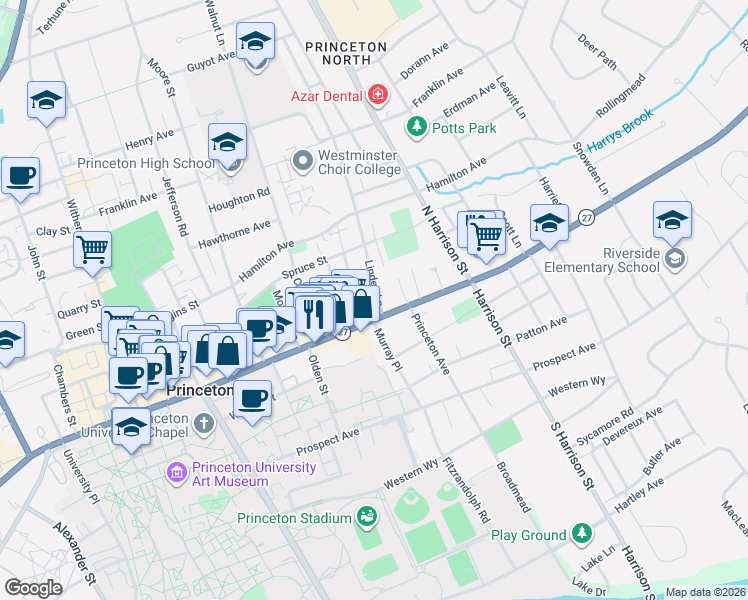 map of restaurants, bars, coffee shops, grocery stores, and more near 280 Nassau Street in Princeton