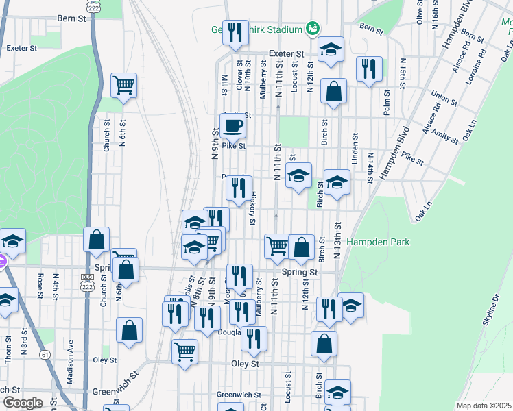 map of restaurants, bars, coffee shops, grocery stores, and more near 1200 Mulberry Street in Reading