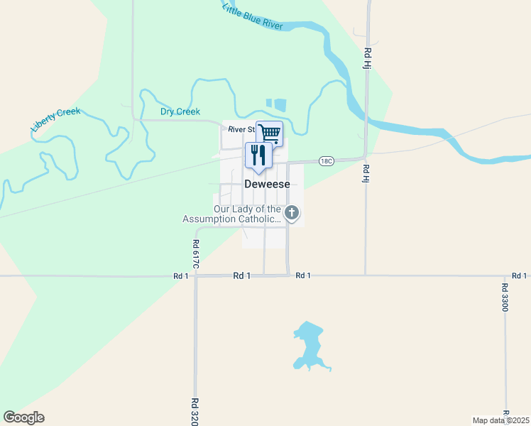 map of restaurants, bars, coffee shops, grocery stores, and more near South Deweese Street in Deweese