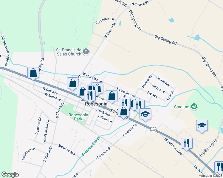 map of restaurants, bars, coffee shops, grocery stores, and more near 38 East Lincoln Avenue in Robesonia