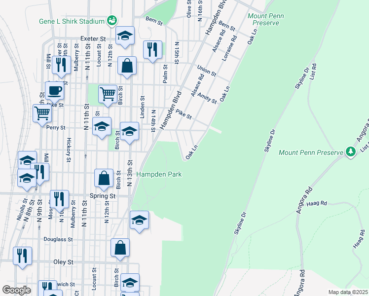 map of restaurants, bars, coffee shops, grocery stores, and more near 1209 Alsace Road in Reading