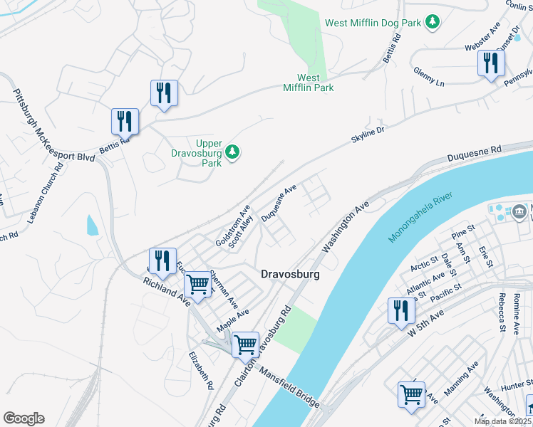 map of restaurants, bars, coffee shops, grocery stores, and more near 406 Washington Avenue in Dravosburg