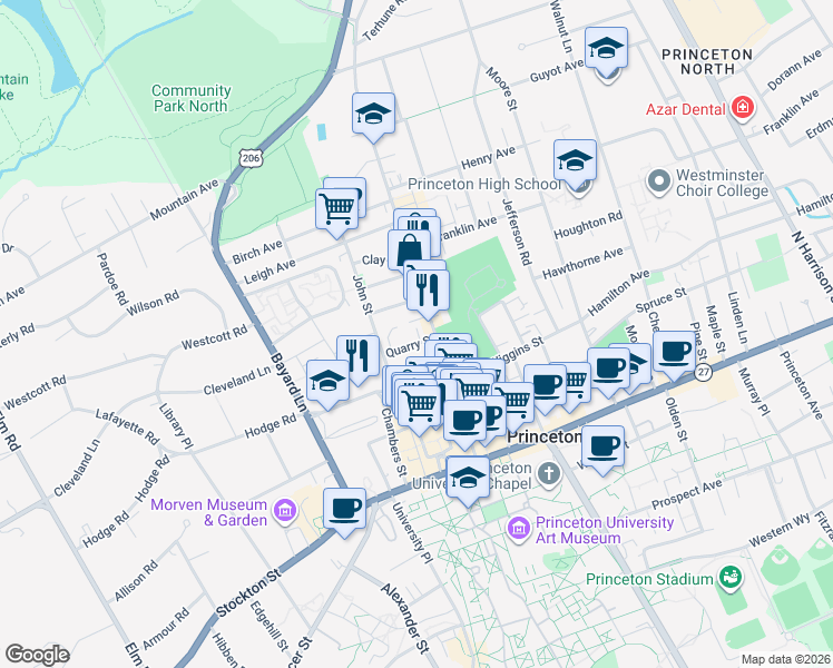 map of restaurants, bars, coffee shops, grocery stores, and more near 24 Quarry Street in Princeton