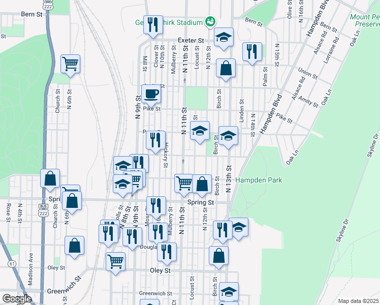 map of restaurants, bars, coffee shops, grocery stores, and more near 1120 Marion Street in Reading
