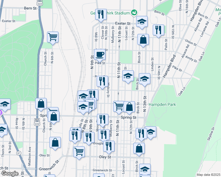map of restaurants, bars, coffee shops, grocery stores, and more near 1161 Mulberry Street in Reading