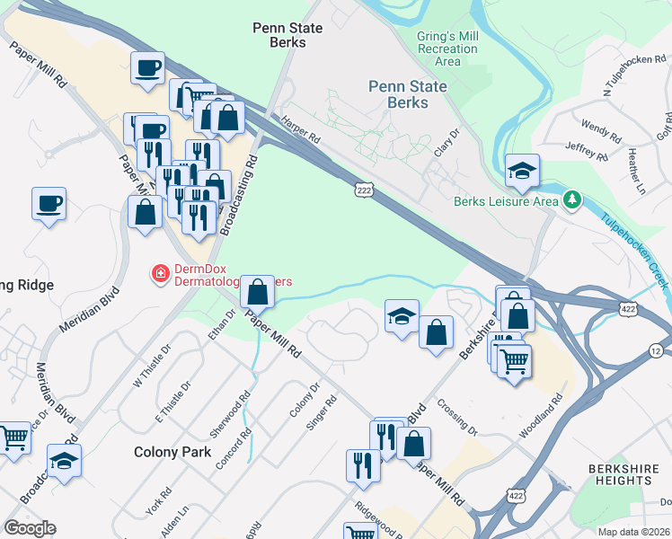 map of restaurants, bars, coffee shops, grocery stores, and more near 147 Heather Lane in Wyomissing