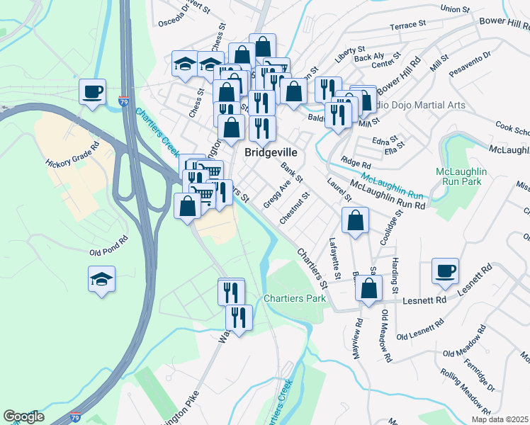 map of restaurants, bars, coffee shops, grocery stores, and more near 711 Chartiers Street in Bridgeville