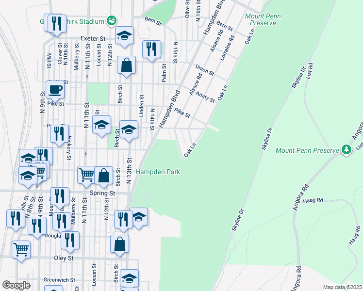 map of restaurants, bars, coffee shops, grocery stores, and more near 1209 Alsace Road in Reading
