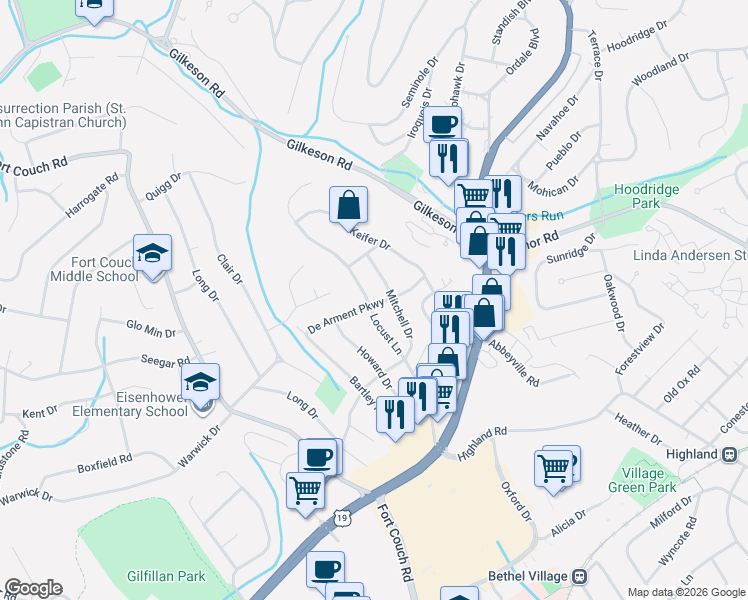 map of restaurants, bars, coffee shops, grocery stores, and more near 100 Locust Lane in Pittsburgh