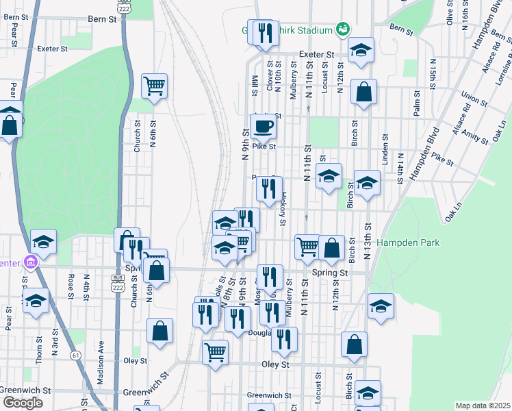 map of restaurants, bars, coffee shops, grocery stores, and more near 915 Marion Street in Reading
