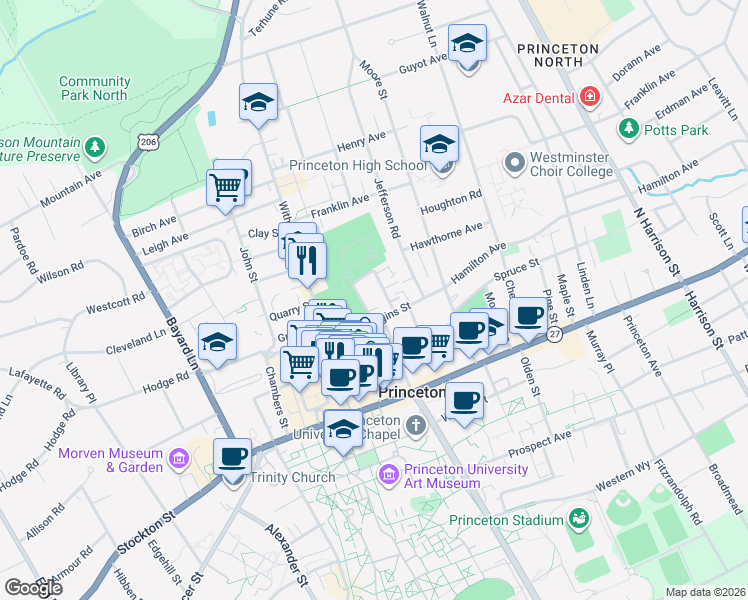 map of restaurants, bars, coffee shops, grocery stores, and more near 11 Greenview Avenue in Princeton