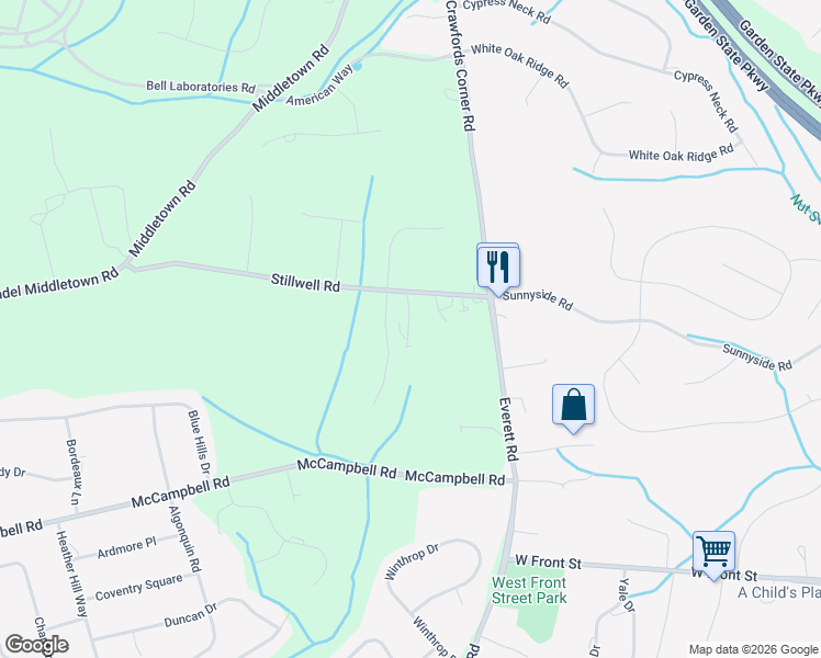 map of restaurants, bars, coffee shops, grocery stores, and more near 86 Stillwell Road in Holmdel