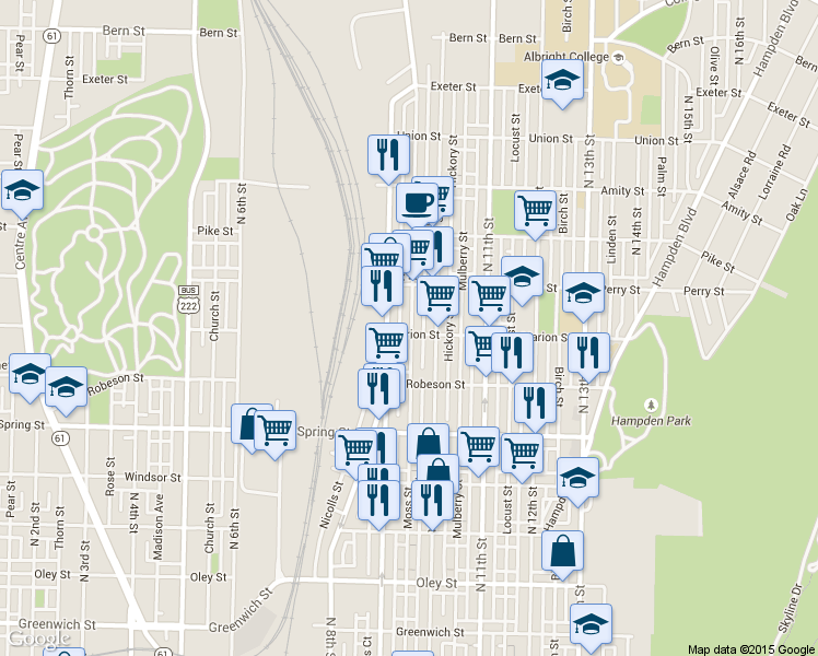 map of restaurants, bars, coffee shops, grocery stores, and more near 921 Marion Street in Reading