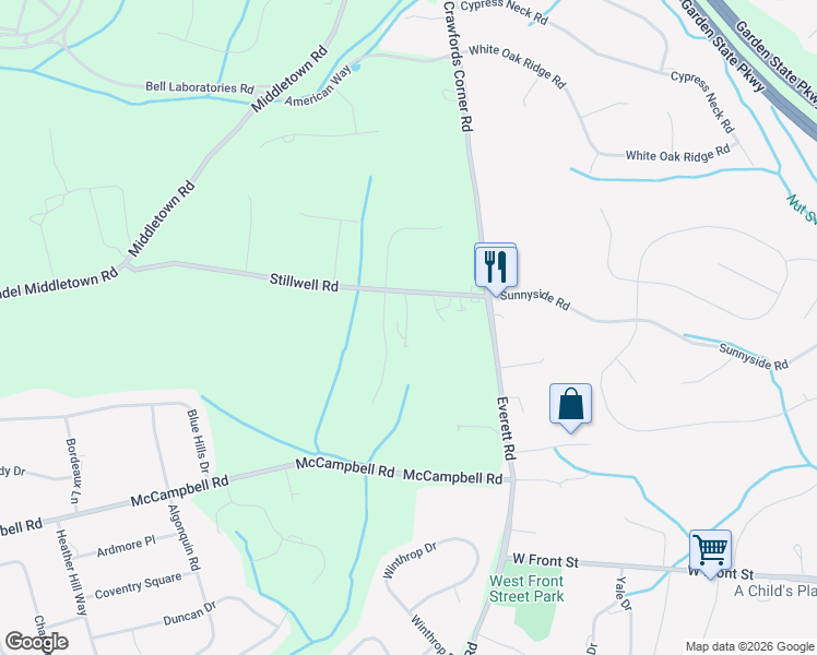 map of restaurants, bars, coffee shops, grocery stores, and more near 86 Stillwell Road in Holmdel