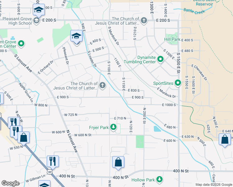 map of restaurants, bars, coffee shops, grocery stores, and more near 1135 East 900 South in Pleasant Grove