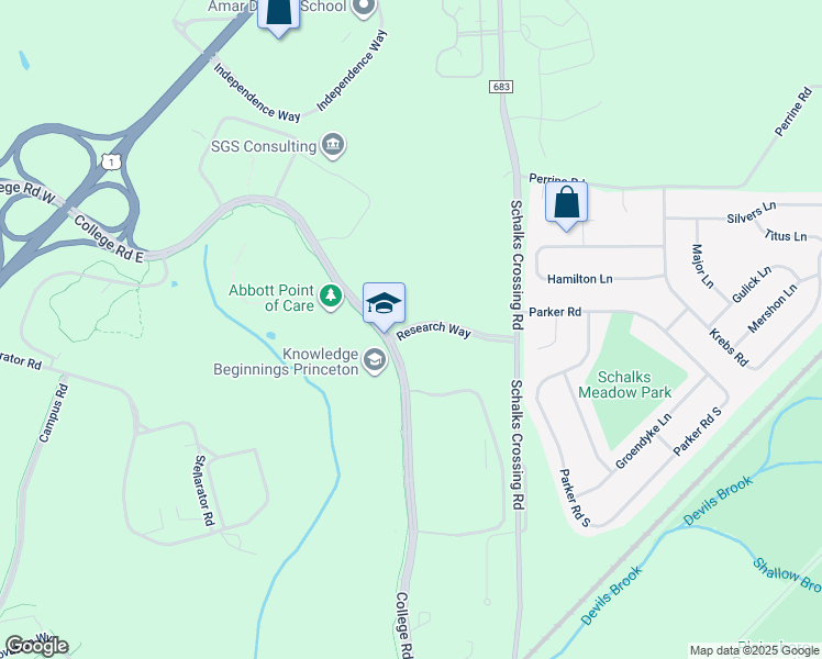 map of restaurants, bars, coffee shops, grocery stores, and more near 17 Research Way in Plainsboro Township