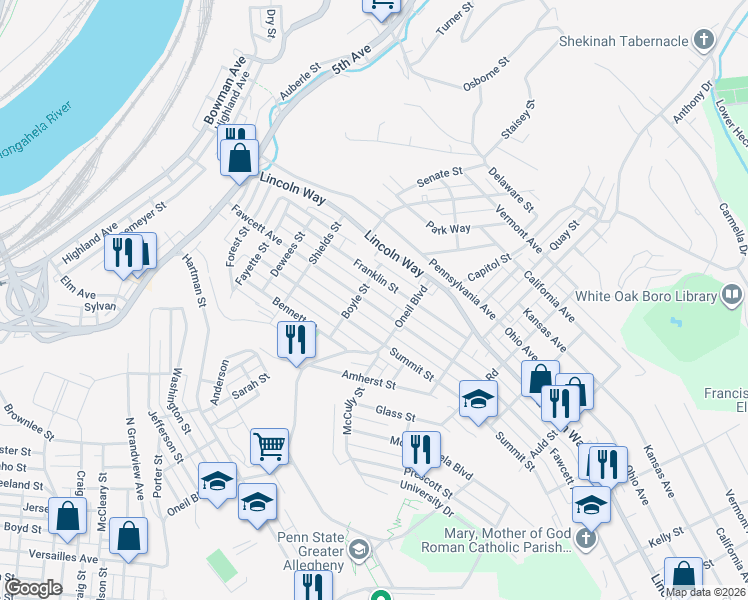 map of restaurants, bars, coffee shops, grocery stores, and more near 1020 Fawcett Avenue in McKeesport
