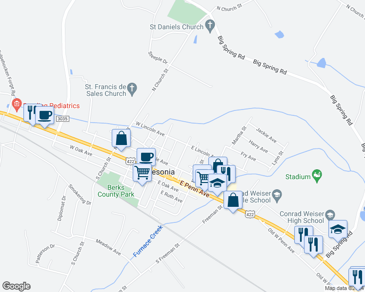 map of restaurants, bars, coffee shops, grocery stores, and more near 38 East Lincoln Avenue in Robesonia