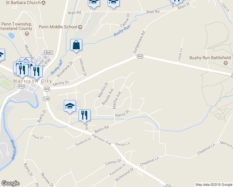 map of restaurants, bars, coffee shops, grocery stores, and more near 23 Martha Avenue in Jeannette