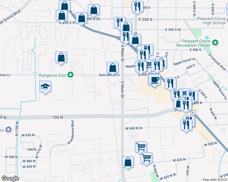 map of restaurants, bars, coffee shops, grocery stores, and more near 928 South Main Street in Pleasant Grove