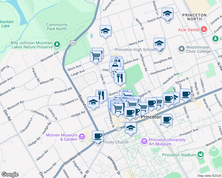 map of restaurants, bars, coffee shops, grocery stores, and more near 24 Quarry Street in Princeton