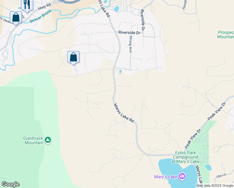 map of restaurants, bars, coffee shops, grocery stores, and more near 1750 Marys Lake Road in Estes Park