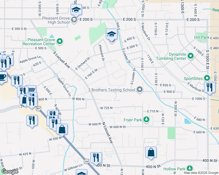map of restaurants, bars, coffee shops, grocery stores, and more near 891 East 900 South Street in Pleasant Grove
