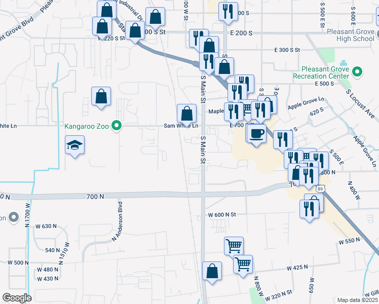 map of restaurants, bars, coffee shops, grocery stores, and more near 928 South Main Street in Pleasant Grove