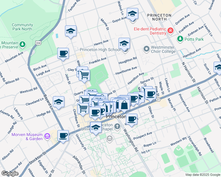 map of restaurants, bars, coffee shops, grocery stores, and more near 36 Wiggins Street in Princeton
