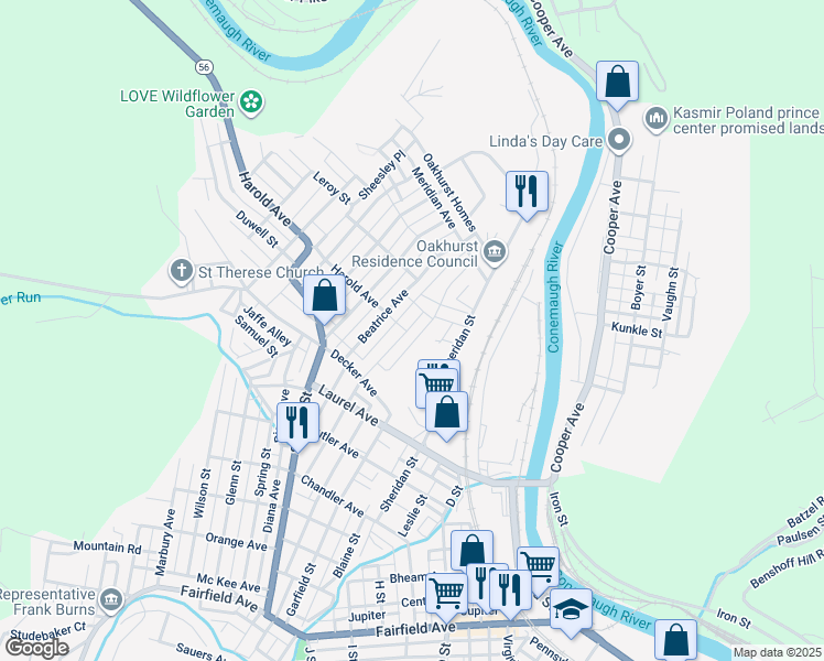 map of restaurants, bars, coffee shops, grocery stores, and more near 401-459 Grady Alley in Johnstown
