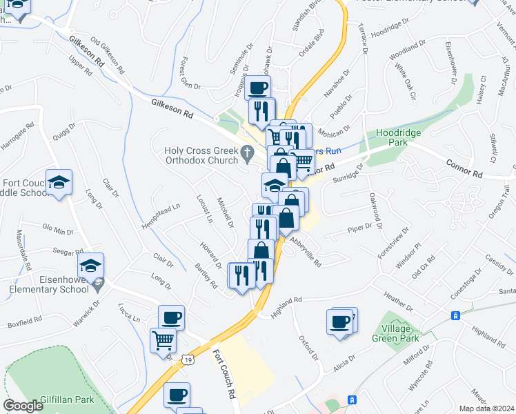 map of restaurants, bars, coffee shops, grocery stores, and more near 1630 North Highland Road in Pittsburgh
