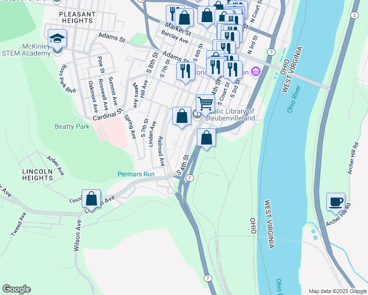 map of restaurants, bars, coffee shops, grocery stores, and more near 515 South 4th Street in Steubenville