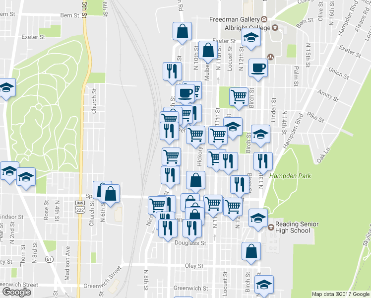 map of restaurants, bars, coffee shops, grocery stores, and more near 1207 Moss Street in Reading