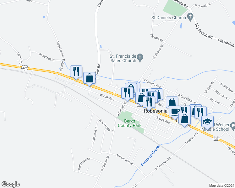 map of restaurants, bars, coffee shops, grocery stores, and more near 239 West Penn Avenue in Robesonia