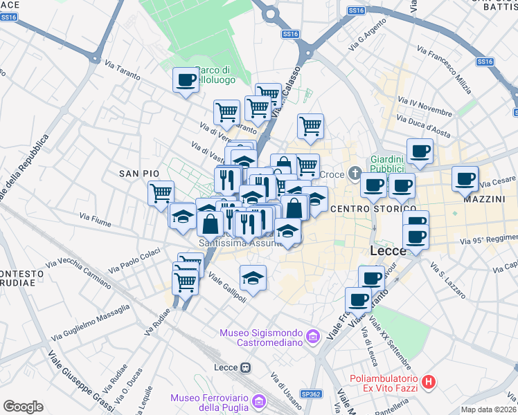 map of restaurants, bars, coffee shops, grocery stores, and more near 9 Corte Santo Stefano delle Canne in Lecce