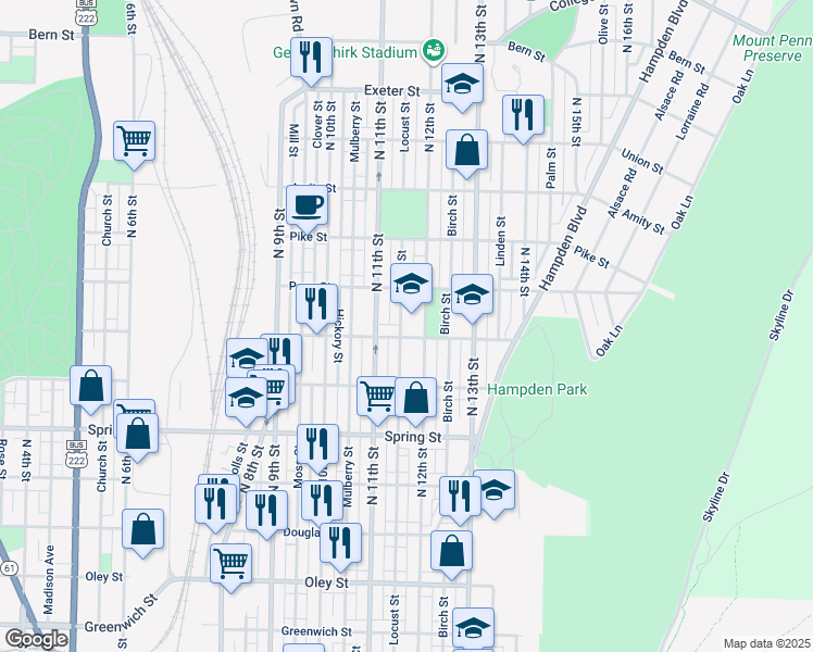 map of restaurants, bars, coffee shops, grocery stores, and more near 1200 North 12th Street in Reading