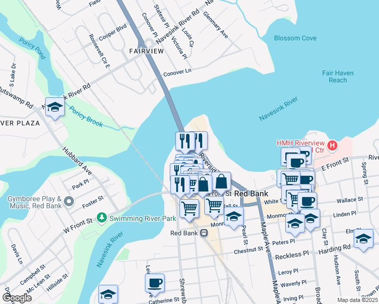 map of restaurants, bars, coffee shops, grocery stores, and more near 54 Bridge Avenue in Red Bank