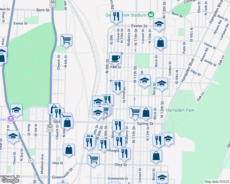 map of restaurants, bars, coffee shops, grocery stores, and more near 1211 Moss Street in Reading
