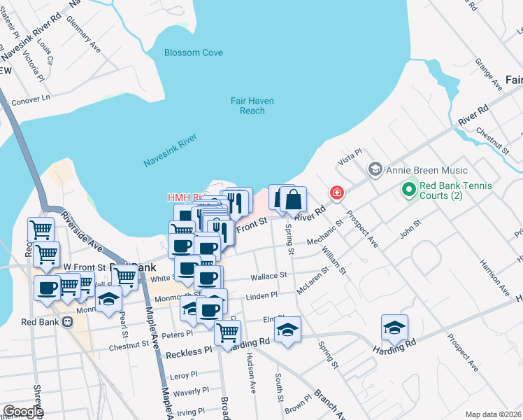 map of restaurants, bars, coffee shops, grocery stores, and more near North Washington Street in Red Bank