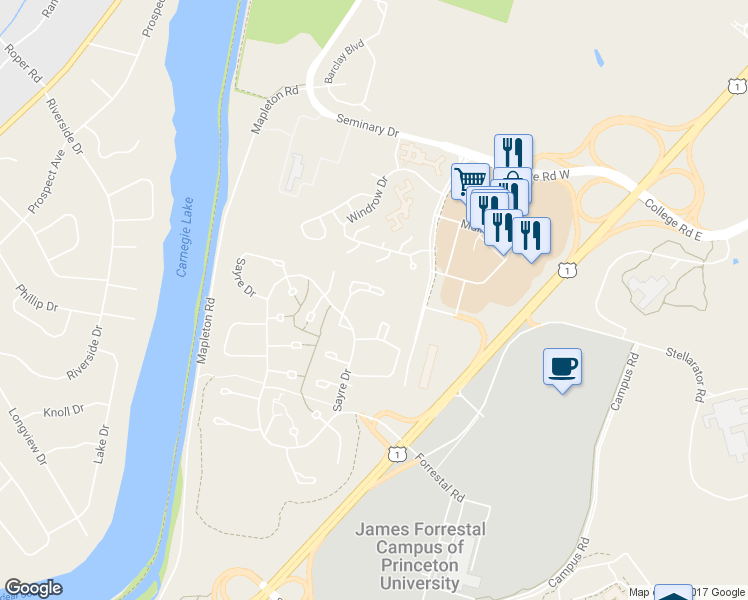 map of restaurants, bars, coffee shops, grocery stores, and more near 71 Sayre Drive in Princeton