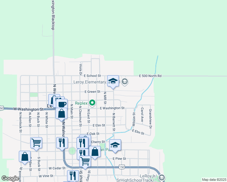 map of restaurants, bars, coffee shops, grocery stores, and more near 805 North Barnett Street in Le Roy