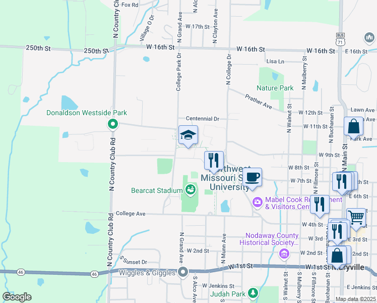 map of restaurants, bars, coffee shops, grocery stores, and more near 800 University Drive in Maryville