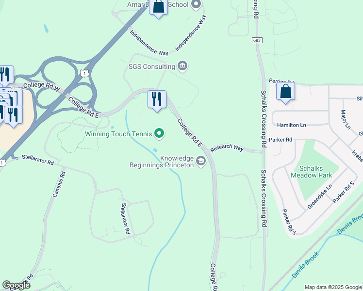 map of restaurants, bars, coffee shops, grocery stores, and more near 400 College Road East in Princeton