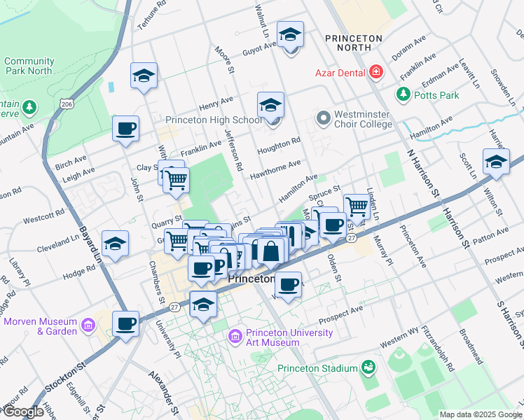 map of restaurants, bars, coffee shops, grocery stores, and more near 47 Wiggins Street in Princeton